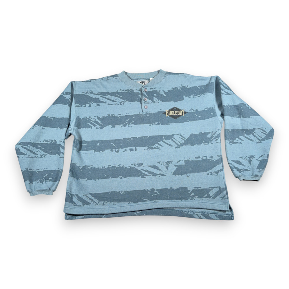 Vintage Bugle Boy Sweater Adult MEDIUM Blue Striped Henley Sweatshirt Surfer 90s